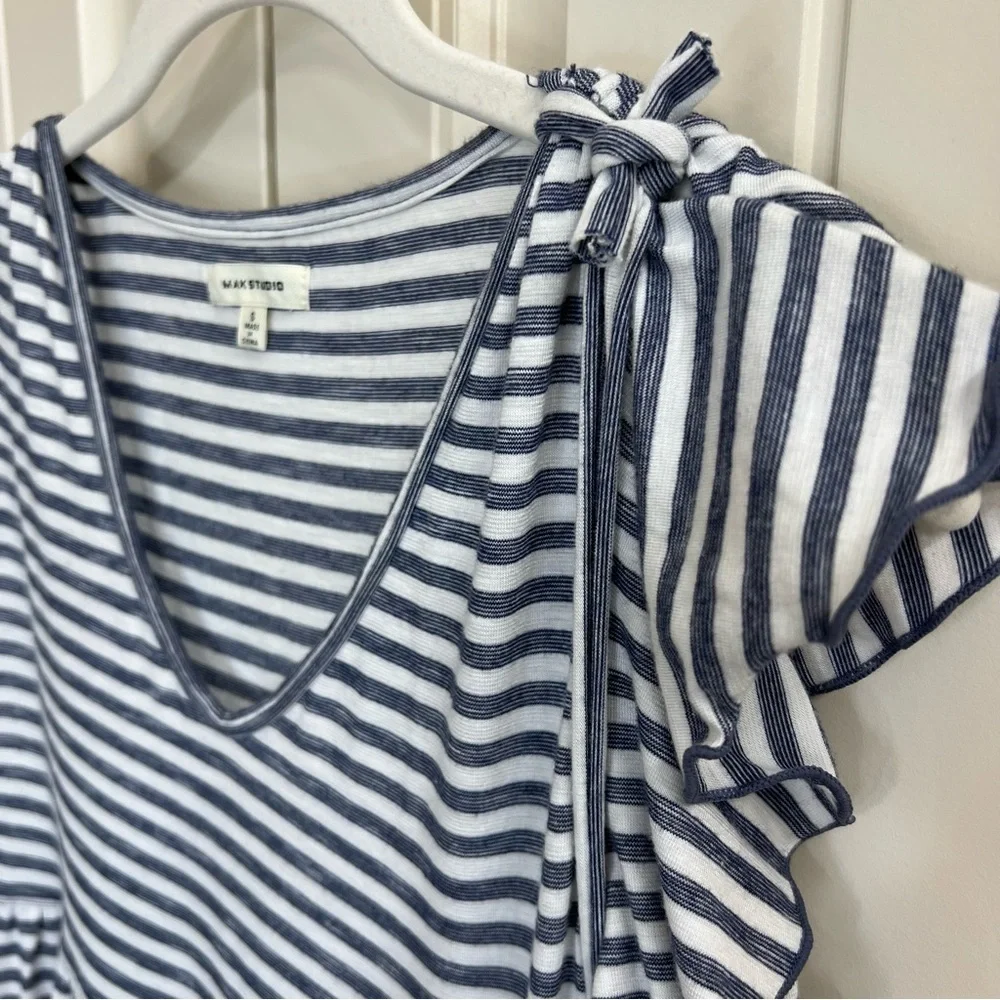 Max Studio Womens Jersey Knit V-Neck Ruffles Dress in Blue/White Stripes, Size S - Picture 7 of 7